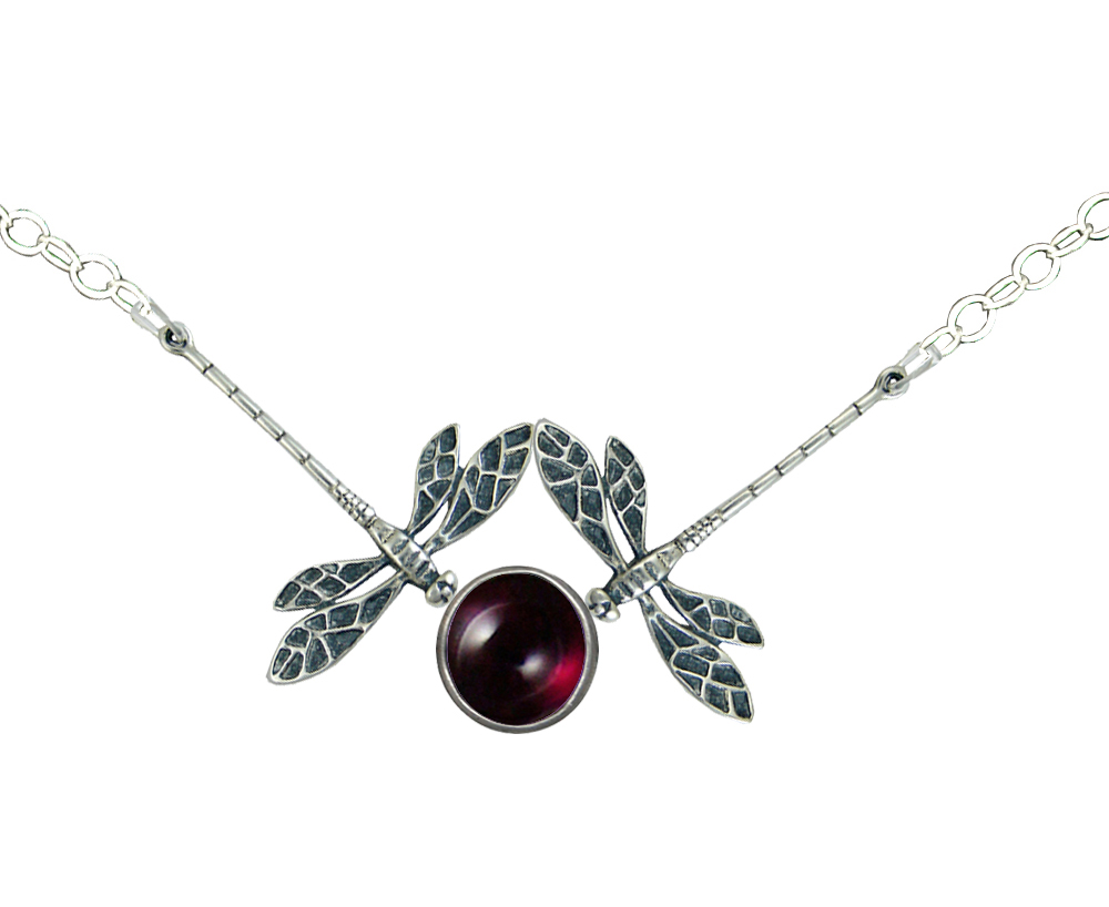 Sterling Silver Double Dragonfly Necklace With Garnet